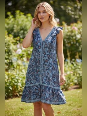 Lucky Brand Blue Floral V-Neck Ruffle Sundress